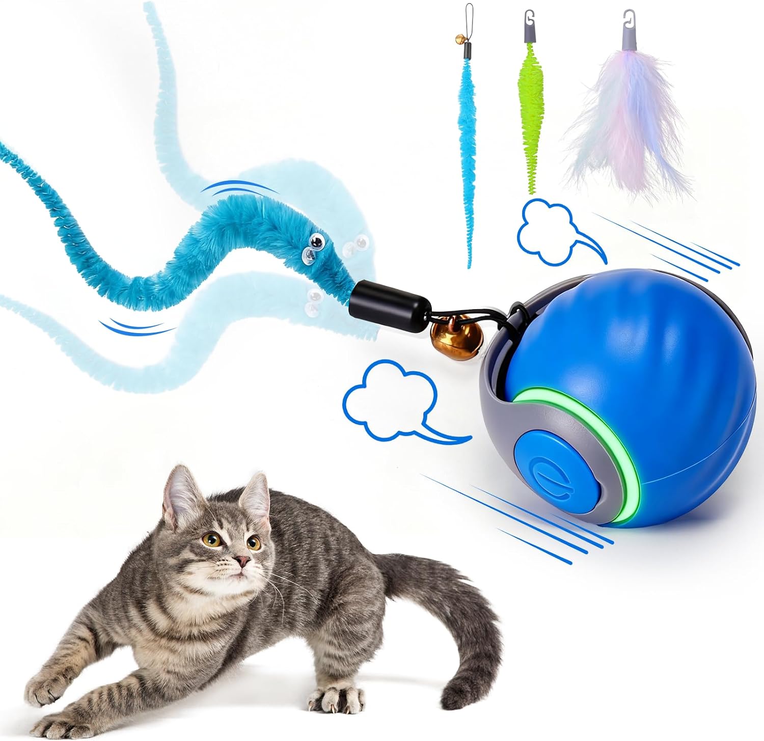 Interactive Electric Cat Toy Ball with Feather Tail – Rechargeable Smart Rolling Toy with 2 Speed Modes
