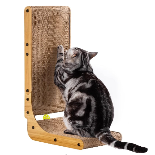 L-Shaped Cat Scratcher with Ball Toy & Wooden Frame